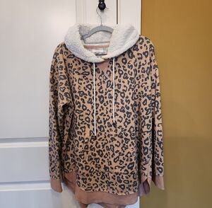 Maurices Leopard Print Sherpa-Lined Turtleneck Hoodie - Tan & Black
